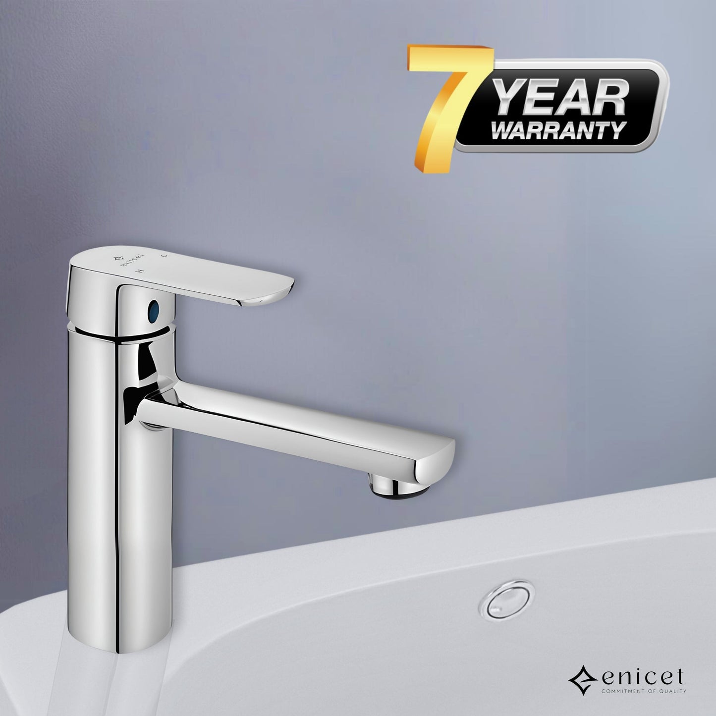 ENICET Single Lever Basin Mixer, 7 Inch Tall, Brass Build, Chrome Finish, Hot and Cold Mixer Tap for Bathroom, Sink Mixer for Kitchen, Water Tap for Wash Basin