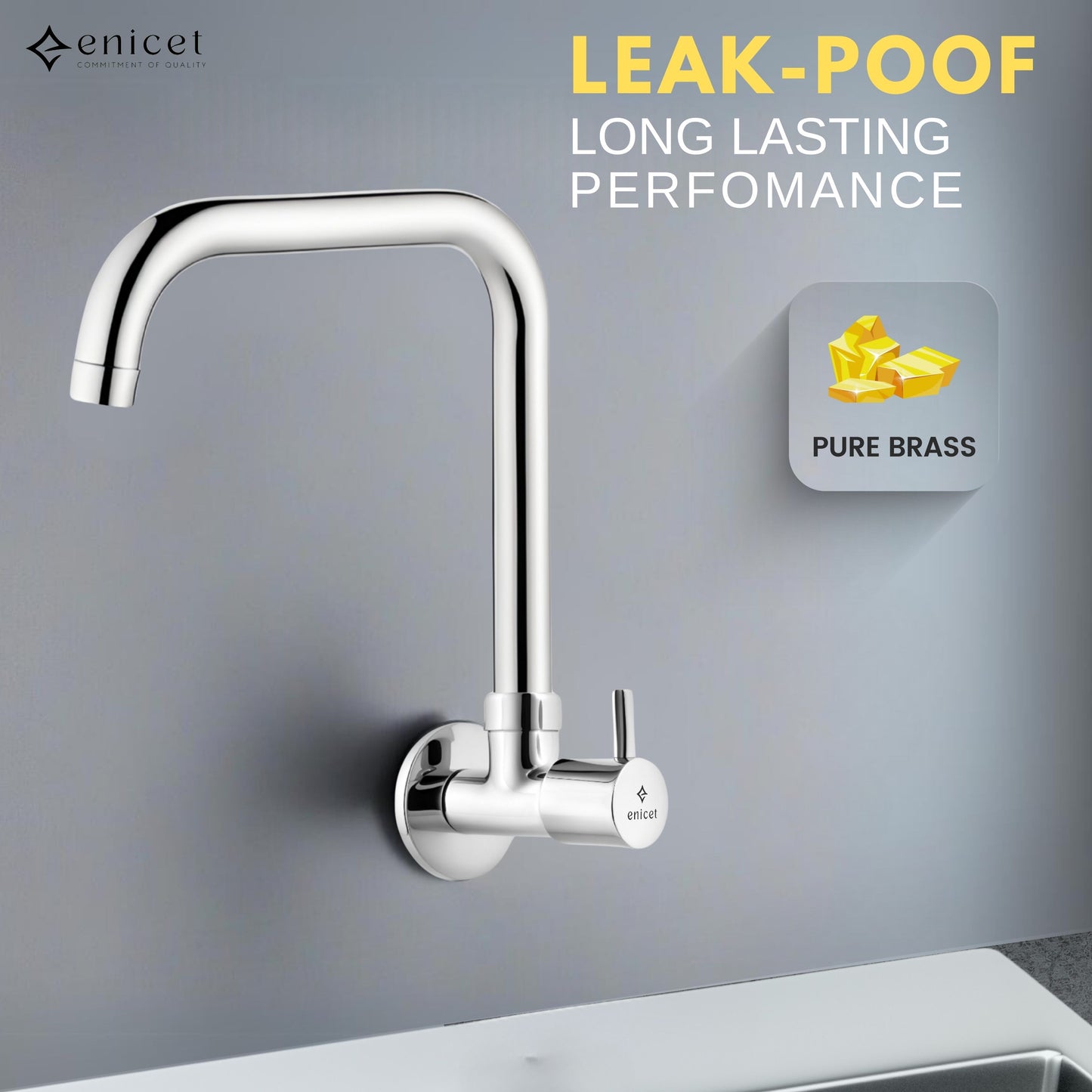 ENICET Sink Cock with Extended Spout, Chrome Finish, Silver, with Wall Flange, 360° Rotating Swivel Spout, Kitchen Sink Tap, Tap for Kitchen Sink, Wall Mount
