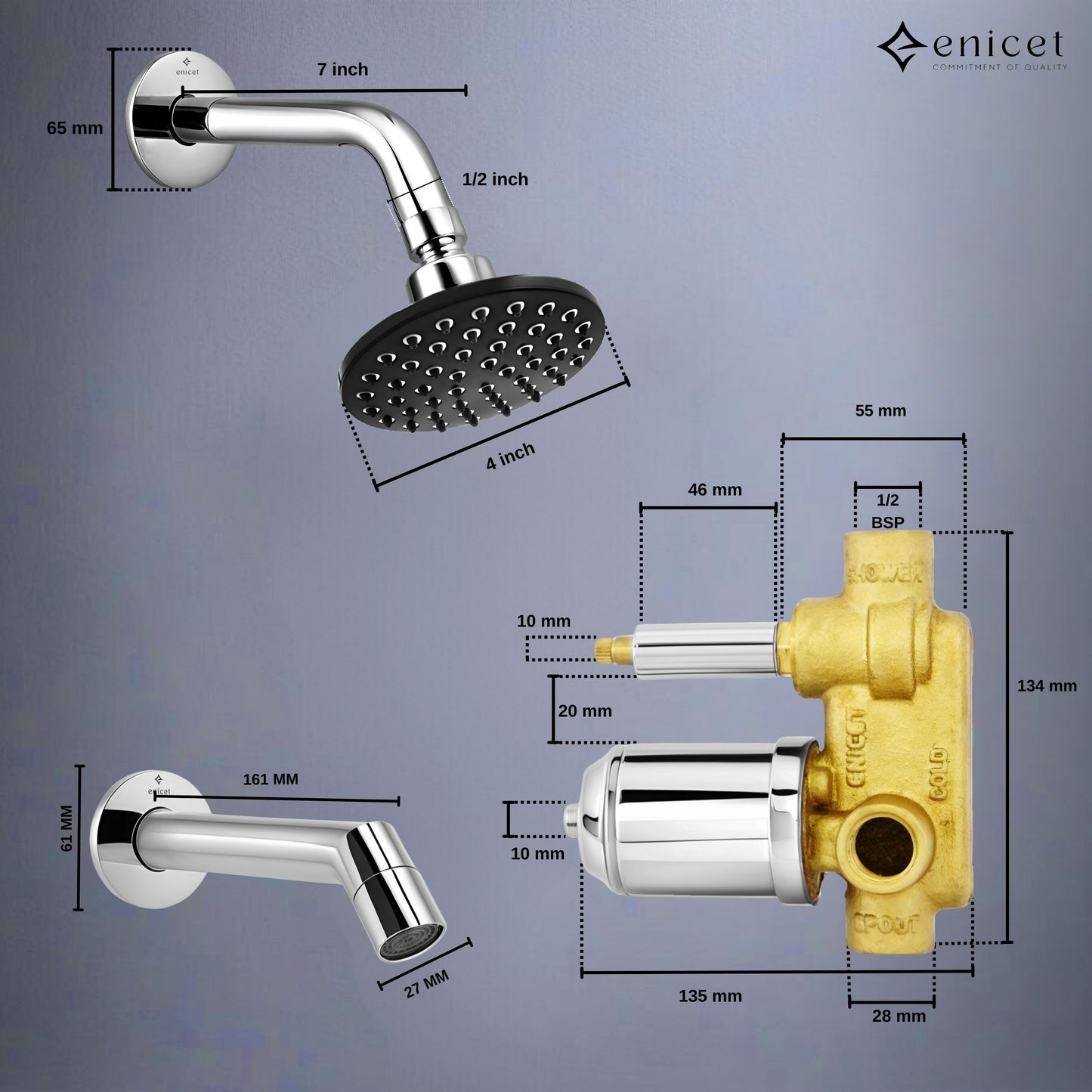 Enicet rust-resistant High Flow Diverter With Spout & Shower, Brass Build, Chrome Plated, Rain Flow Shower, Bathroom Shower System, Bathroom Mixer Tap, Diverter Combo