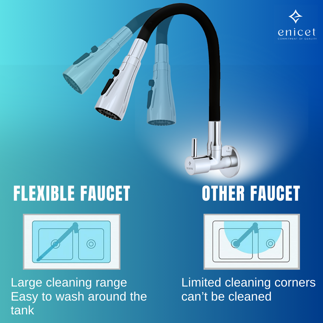 Enicet Flexible Neck Sink Tap for Kitchen, Wall Mount, Chrome Finish, 3 Flow Function, 360 Swinging Swivel Spout, Brass Build, Kitchen Sink Tap