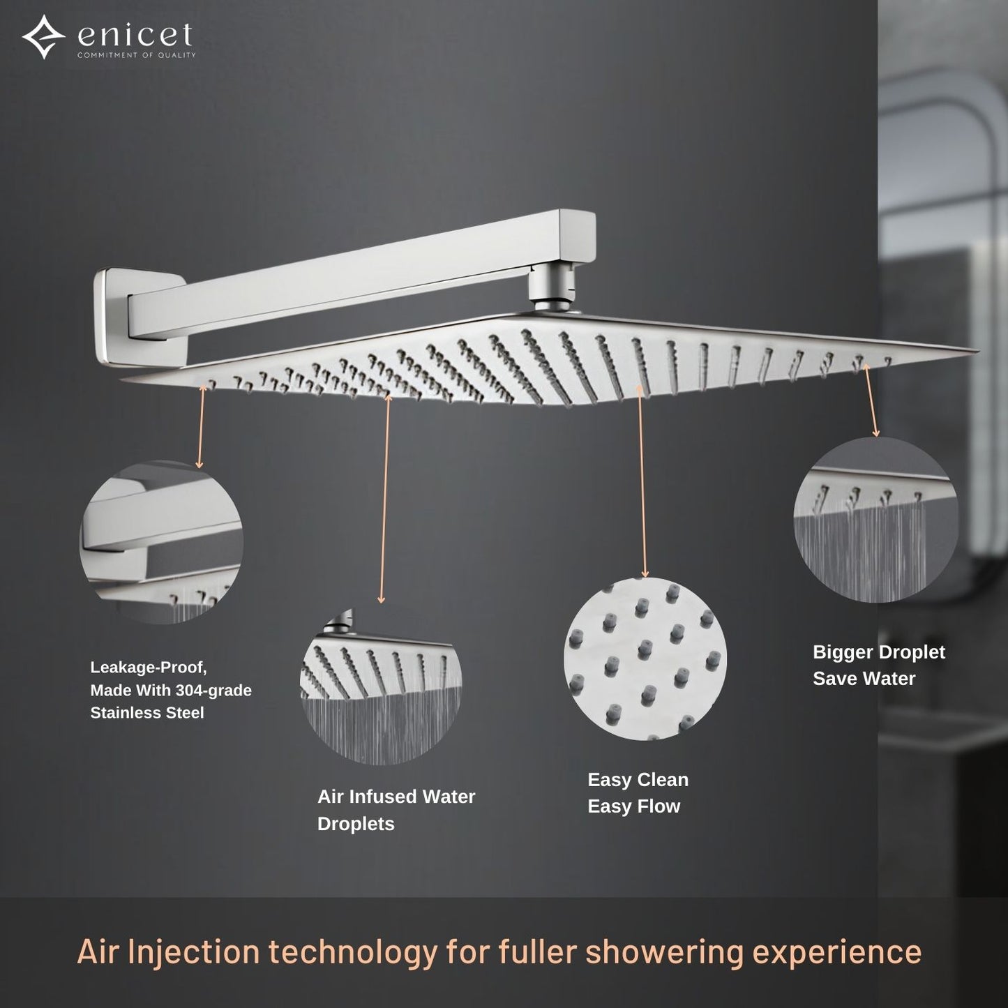 ENICET 8 Inch Shower, Stainless Steel 304, Ultra Slim, Rain FLow, Shower With Arm & Flange, 8X8 Square Shower Head For Bathroom, Easy to Clean Soft Rubber Nozzles