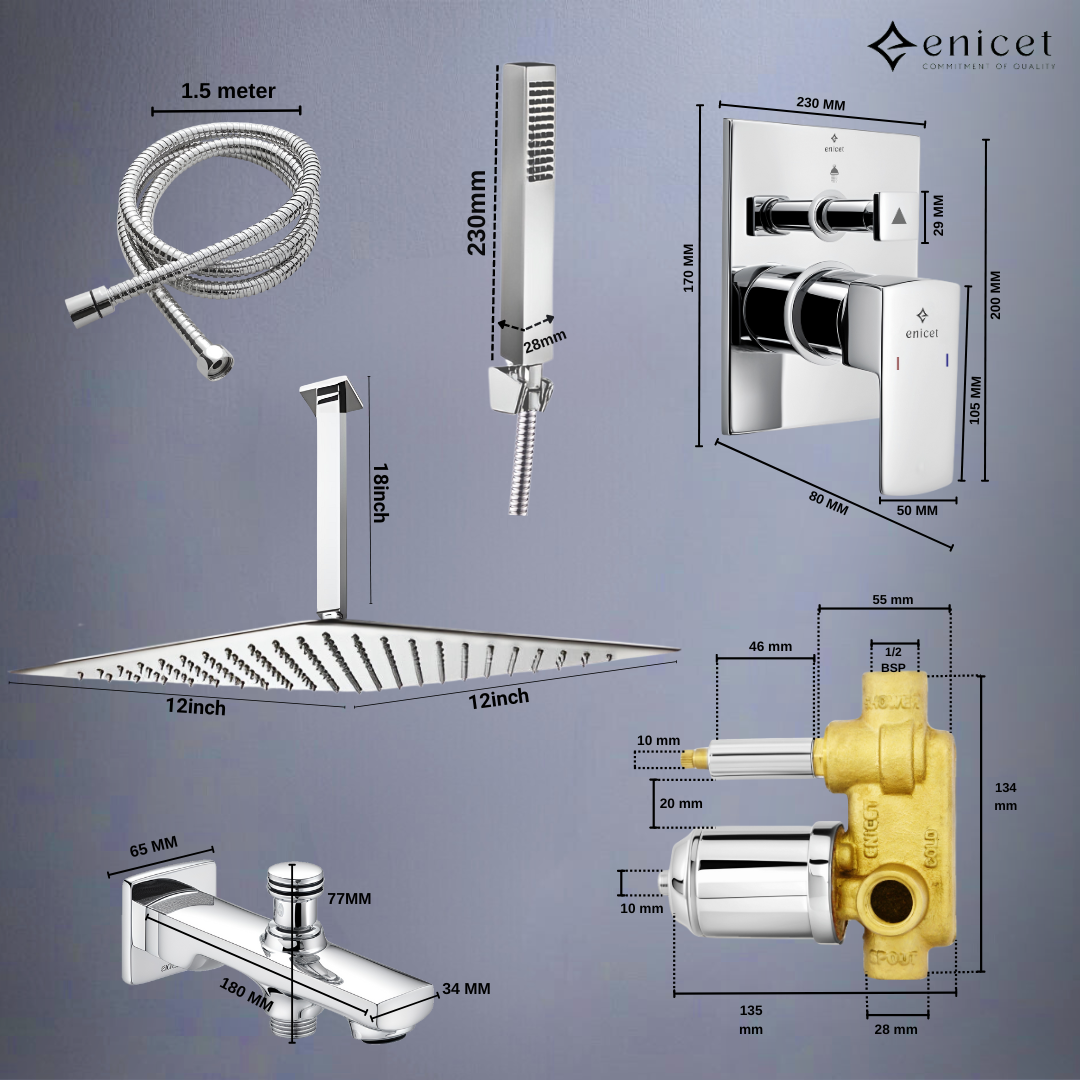 Enicet Brass High Flow Diverter Set With 12 Inch Ceiling Shower & Hand Shower, Chrome Finish, Bathroom Shower Set, Shower System, Hot And Cold Water Mixer Tap