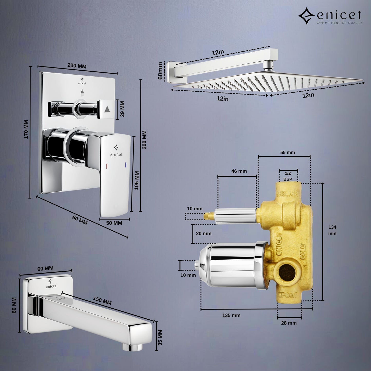 Enicet rust-resistant High Flow Diverter Set With 12 Inch Overhead Shower, Chrome Finish, Bathroom Shower Set, Shower System, Hot And Cold Water Mixer Tap