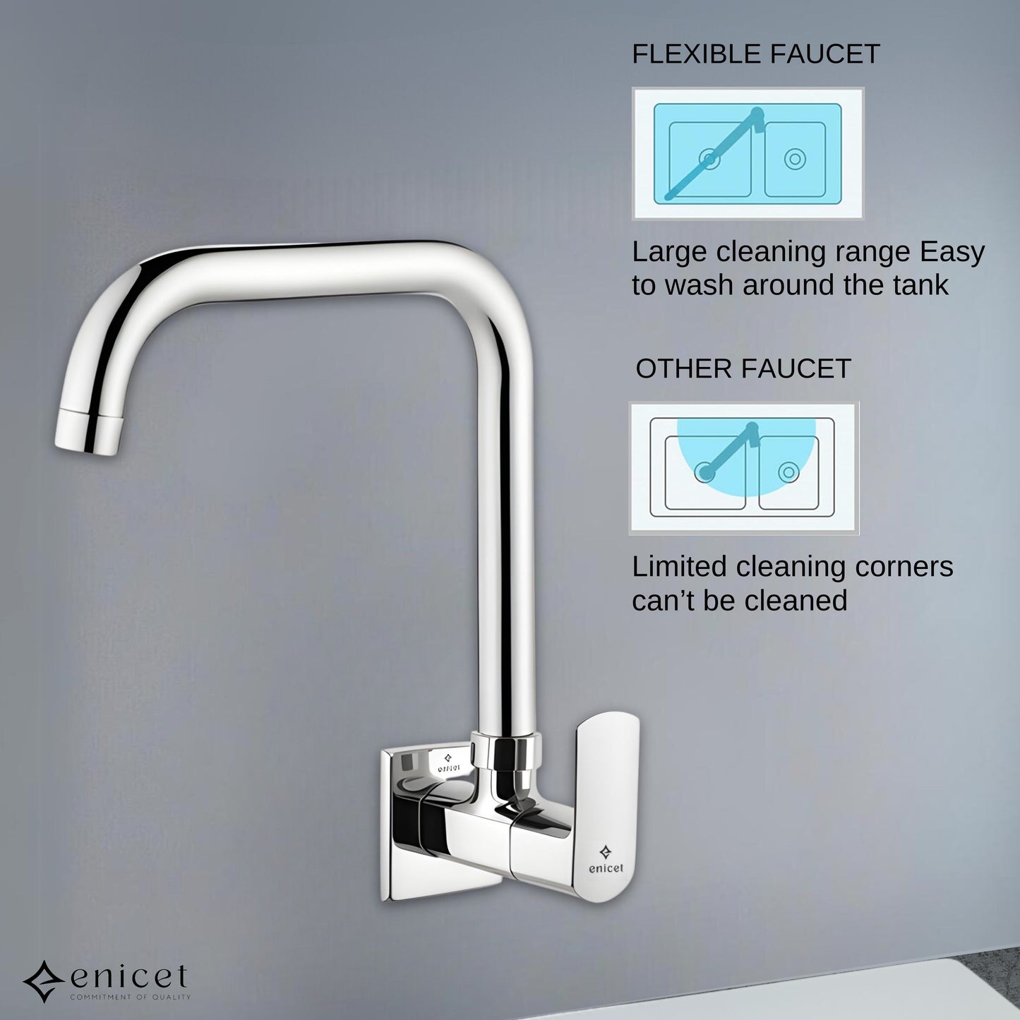 ENICET Sink Cock with Extended Spout, Chrome Finish, Silver, with Wall Flange, 360° Swivel Spout, Adjustable Angle Head, Kitchen Sink Tap, Tap for Kitchen Sink