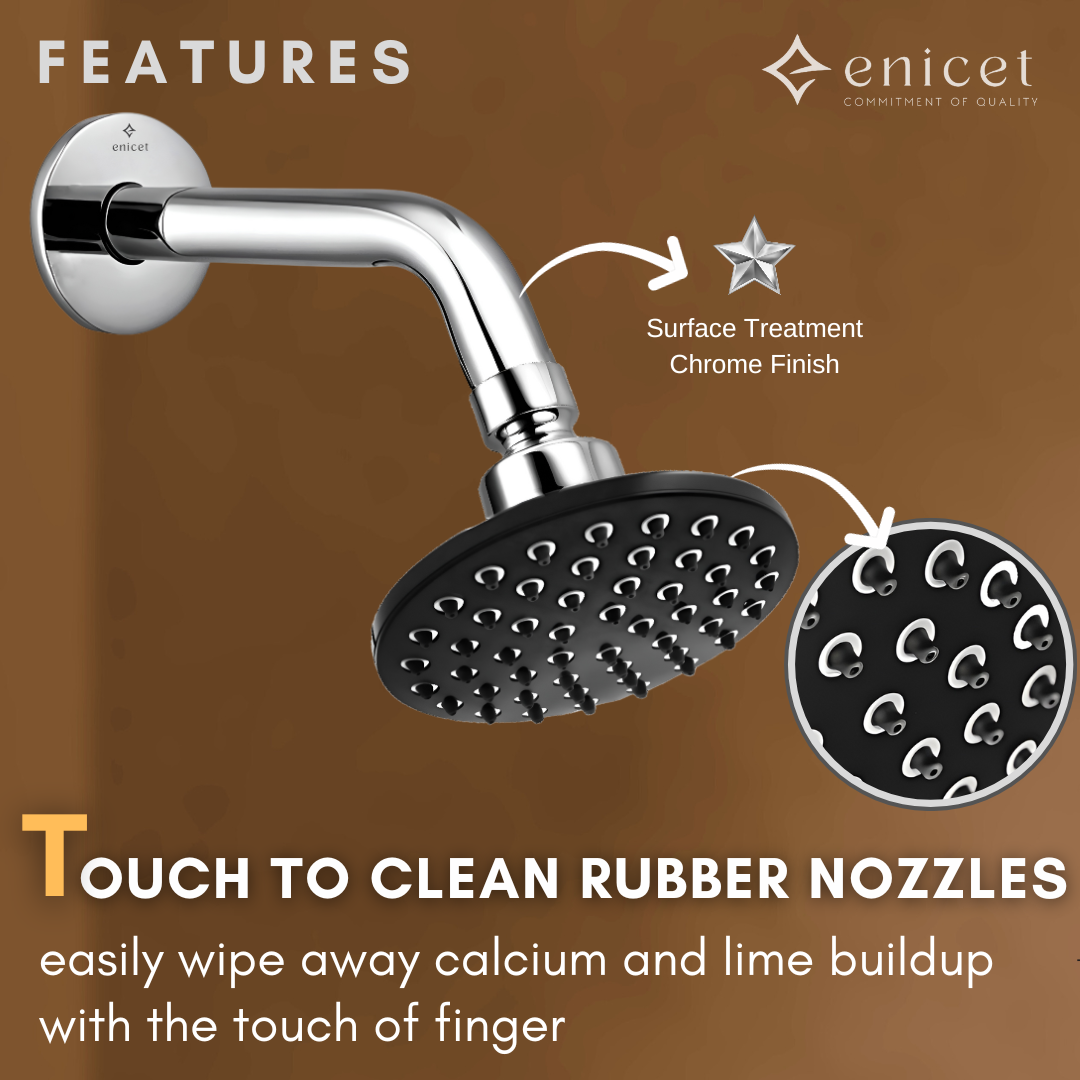 Enicet 5-INCH Overhead Round Shape Shower With 7 Inch Arm & Flange,Shower for Bathroom, Rain Flow Overhead Shower with Arm,Bathroom shower set, Chrome Finish (Black)