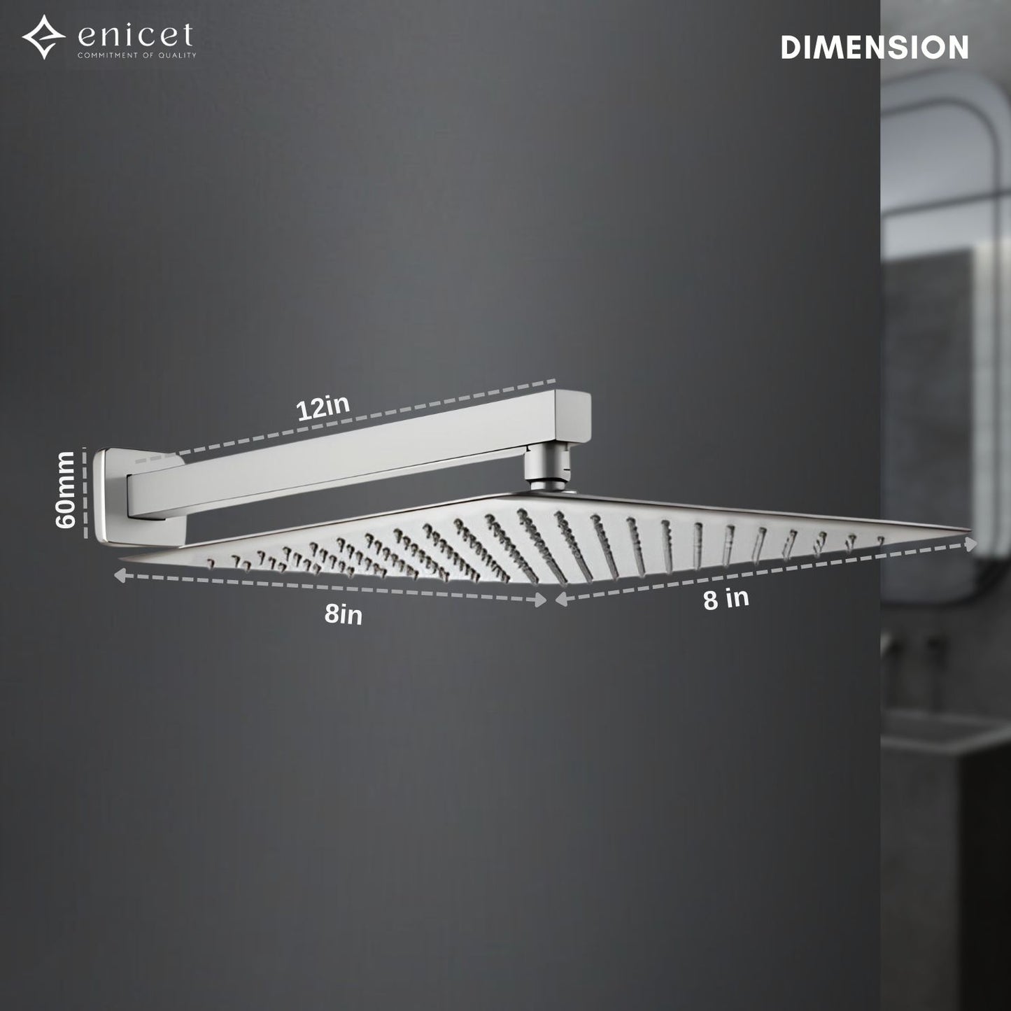 ENICET 8 Inch Shower, Stainless Steel 304, Ultra Slim, Rain FLow, Shower With Arm & Flange, 8X8 Square Shower Head For Bathroom, Easy to Clean Soft Rubber Nozzles
