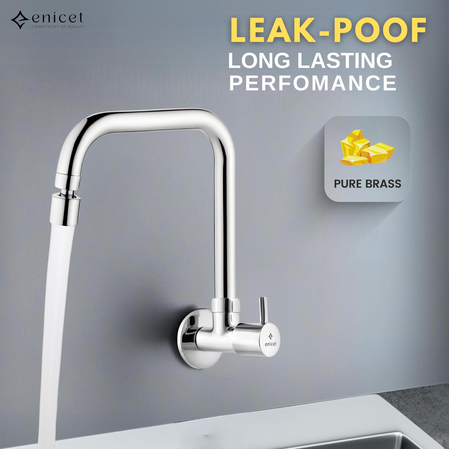 ENICET Sink Cock with 2 Flow Function, Chrome Finish, Silver, with Wall Flange, 360° Rotating Swivel Spout, Adjustable Angle Head, Kitchen Sink Tap, Tap for Kitchen Sink, Dual Flow