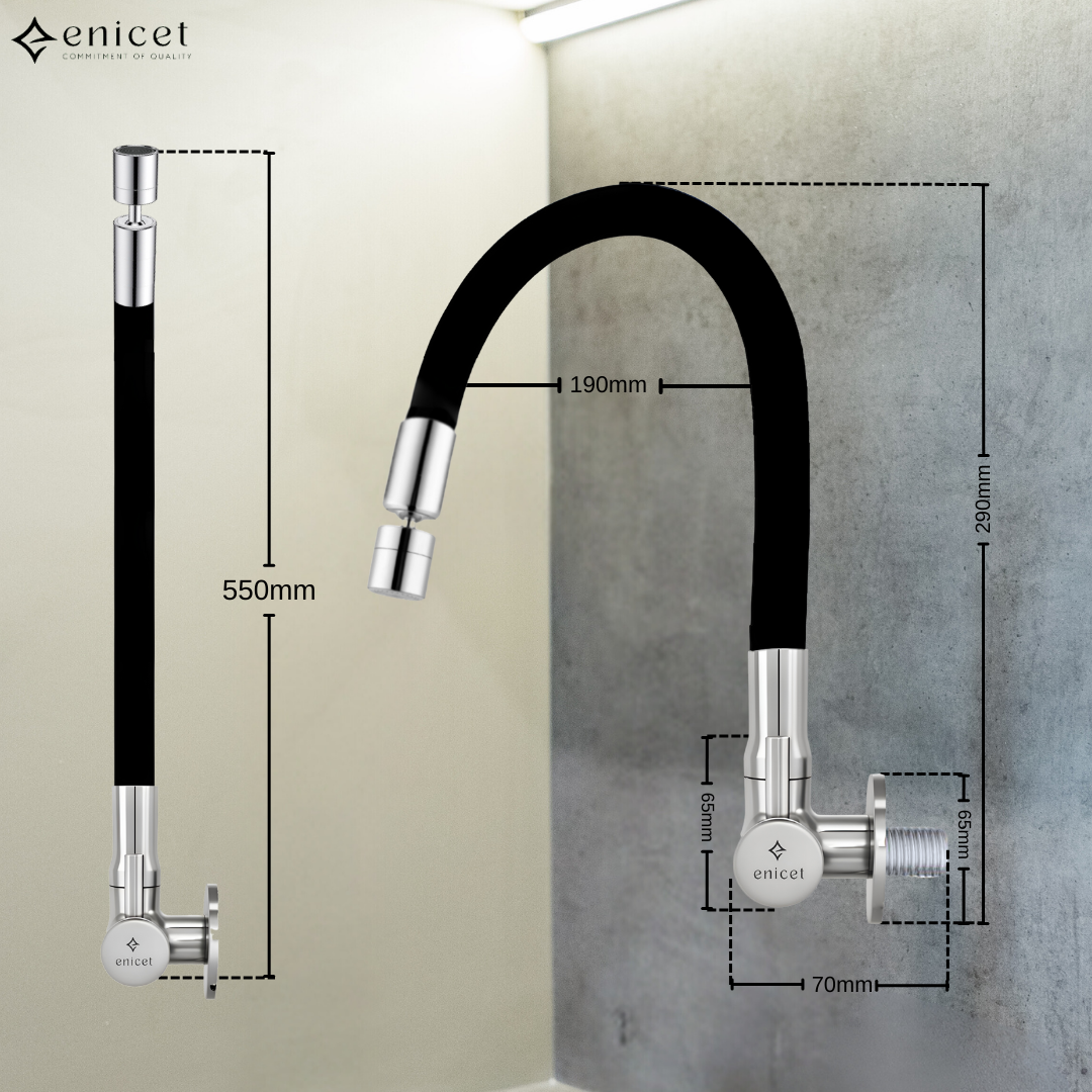 ENICET Dual Flow Side Sink Tap with Flexible Spout, 360 Rotating Swivel Swinging Spout, Germany Made 2 Flow System, Brass Build, Kitchen Sink Tap, Tap for Kitchen Sink, Wash Basin Tap