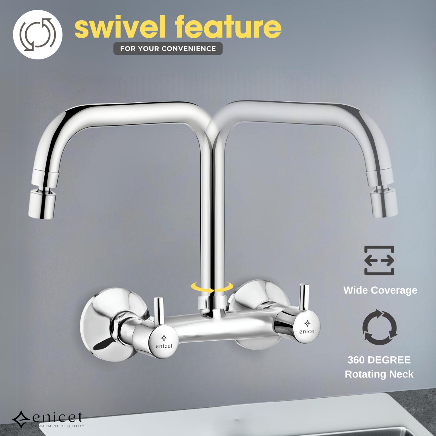 ENICET Sink Mixer with 2 Flow Function, Extended Spout, Chrome Finish, 360 Degree Swinging Swivel Spout, Adjustable Angle Head, Kitchen Sink Mixer Tap