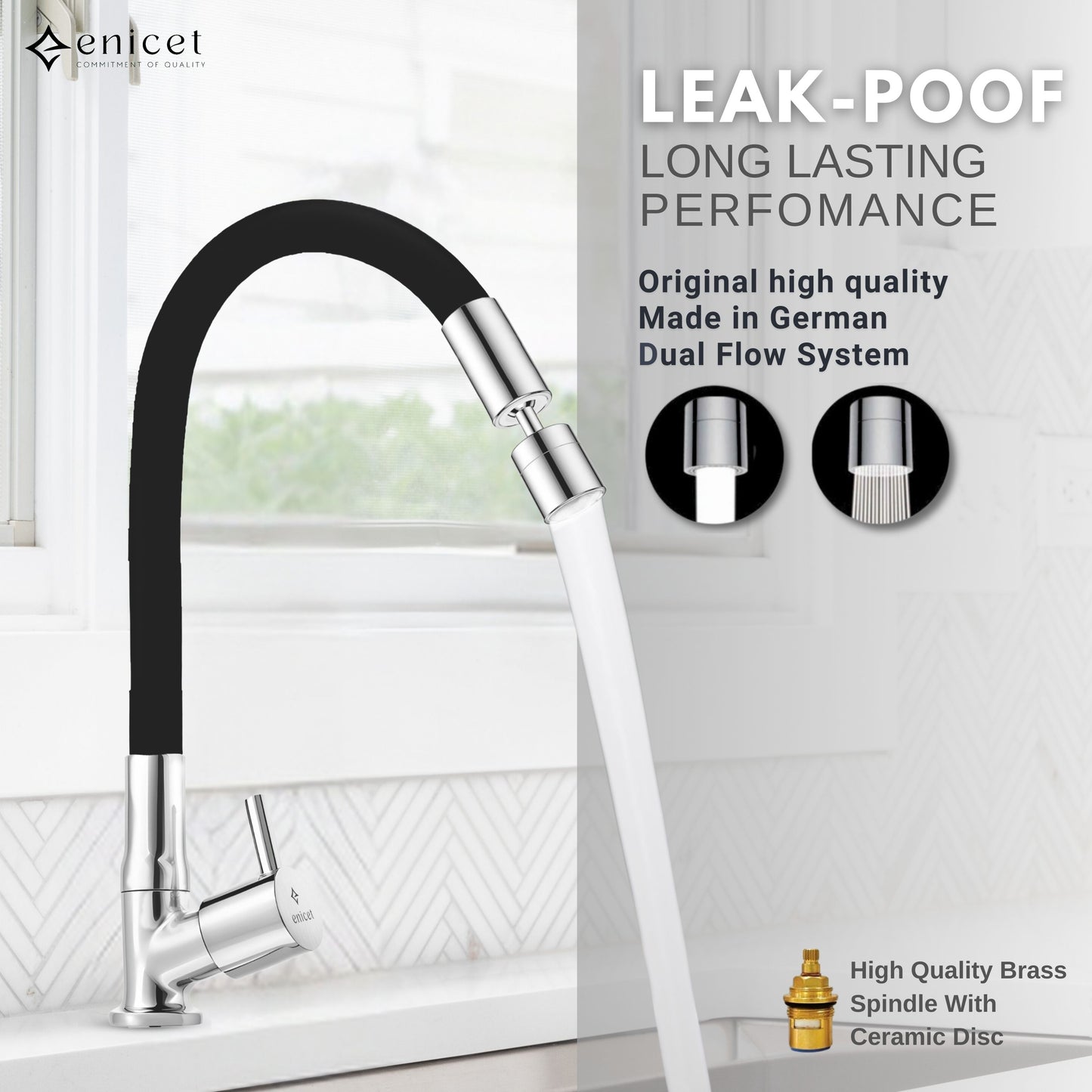 ENICET Dual Flow Swan Neck Sink Tap with Flexible Spout, 360 Swivel Spout, Germany Made 2 Flow System, Deck Mount, rust-resistant , Kitchen Sink Tap, Tap for Kitchen Sink, Wash Basin Tap