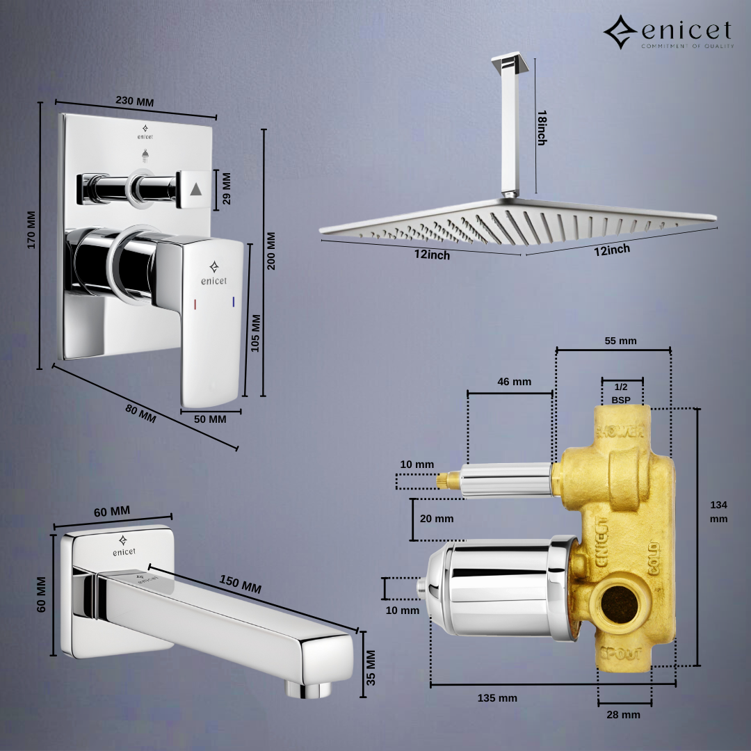 ENICET Brass High Flow Diverter Set With 12 Inch Ceiling Shower, Chrome Finish, Bathroom Shower Set, Shower System, Hot And Cold Water Mixer Tap
