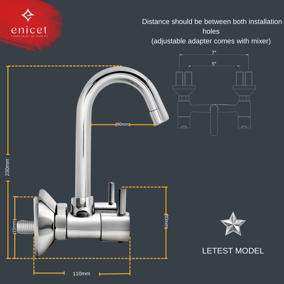 Enicet rust-resistant Sink Mixer Tap, Chrome Plated, with 360 Degree Swinging Spout, Kitchen Sink Mixer Tap, Hot and Cold Water Mixing, Wall Mount