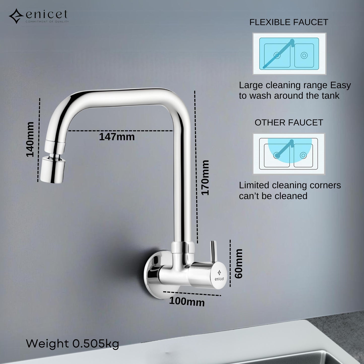 ENICET Sink Cock with 2 Flow Function, Chrome Finish, Silver, with Wall Flange, 360° Rotating Swivel Spout, Adjustable Angle Head, Kitchen Sink Tap, Tap for Kitchen Sink, Dual Flow