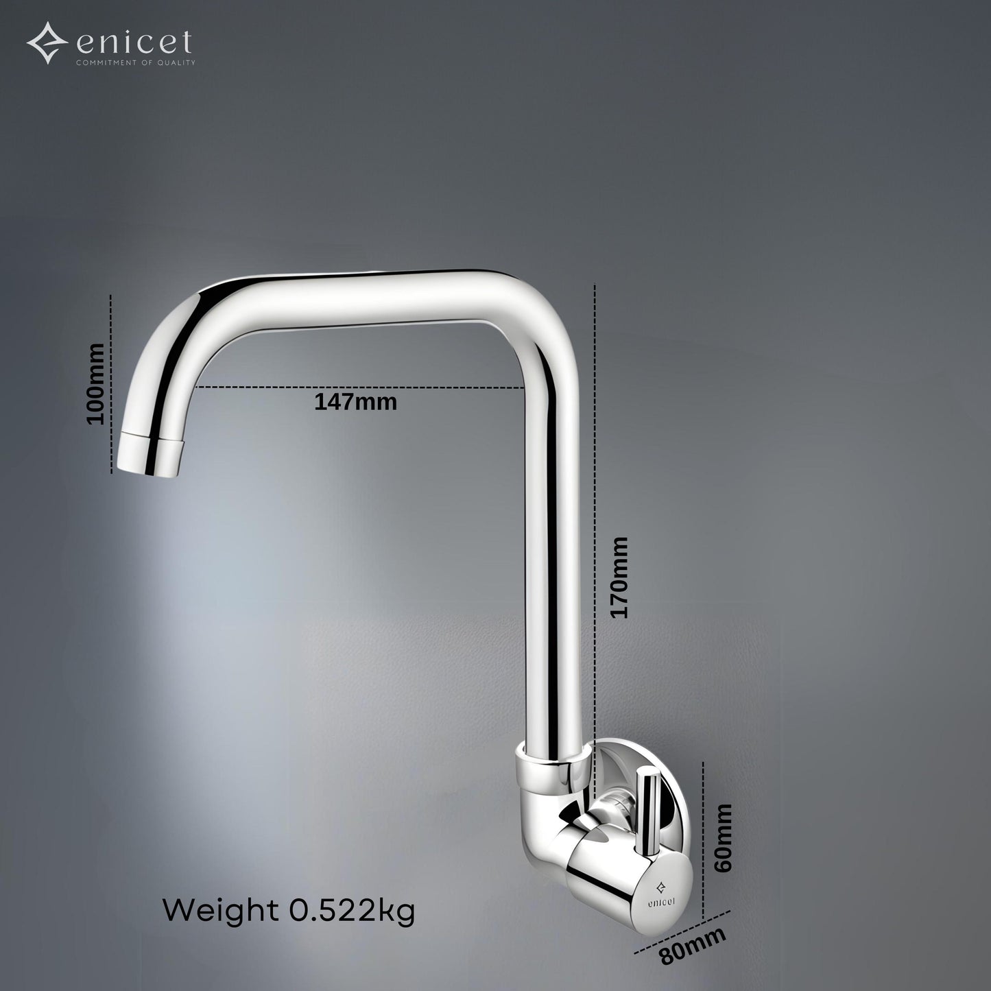 ENICET Side Sink Cock with Extended Spout, Chrome Finish, Silver, with Wall Flange, 360° Rotating Swivel Spout, Kitchen Sink Tap, Tap for Kitchen Sink, Wall Mount
