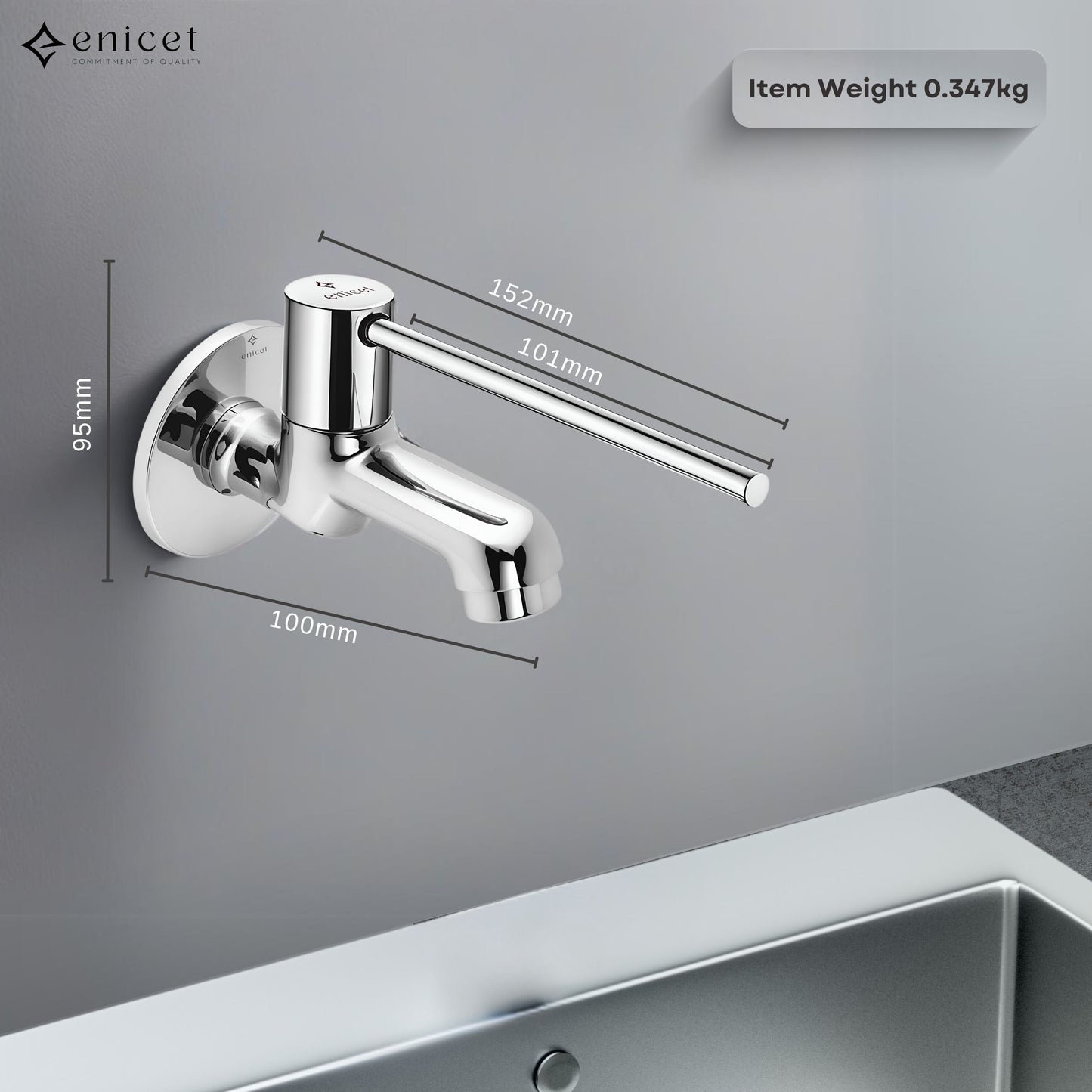Enicet Bib Cock, Brass Build, Chrome Finish, Long Handle, Elbow/Wrist Operated, Sink Tap, Tap for Wash Basin