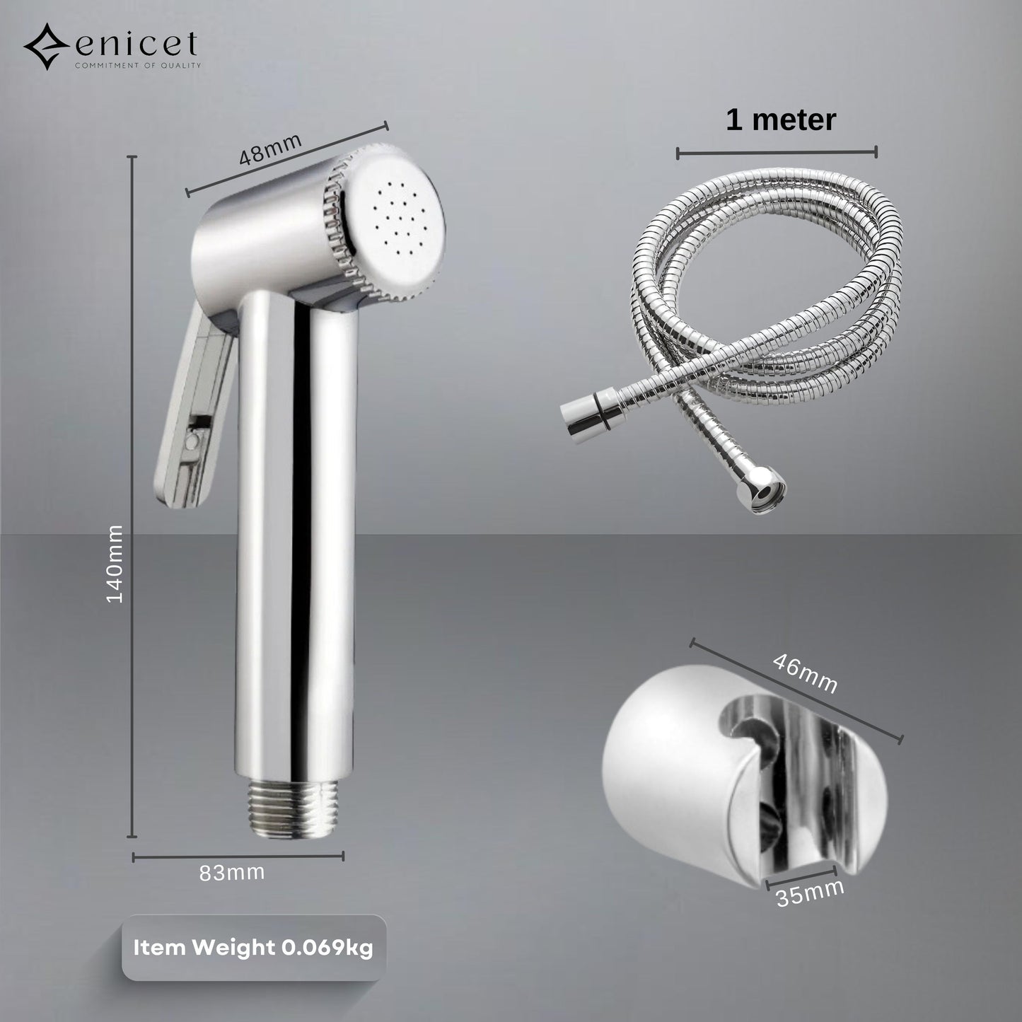 Enicet Health Faucet Gun with 1 Meter Stainless Steel Tube and Holder, Jet Spray for Toilet with Hose and Holder, Hand Jet Bidet Spray for Bathroom