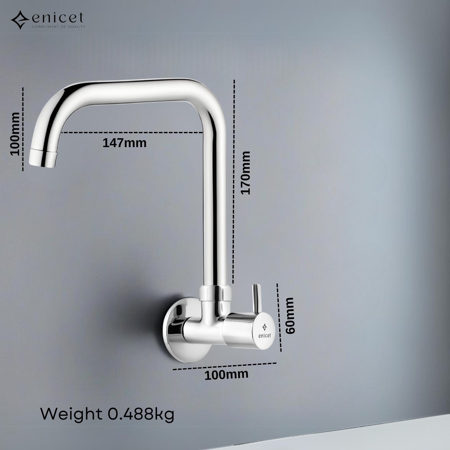 ENICET Sink Cock with Extended Spout, Chrome Finish, Silver, with Wall Flange, 360° Rotating Swivel Spout, Kitchen Sink Tap, Tap for Kitchen Sink, Wall Mount