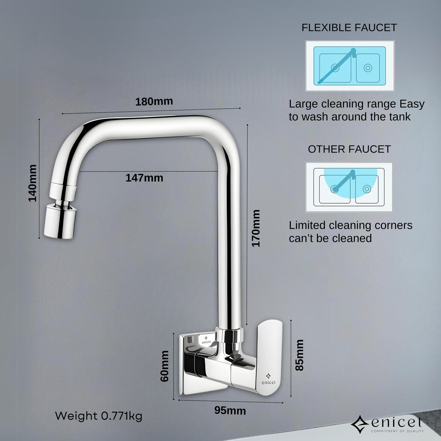 ENICET Sink Cock with Dual Flow Function, Chrome Finish, Silver, with Wall Flange, 360° Swivel Spout, Adjustable Angle Head, Kitchen Sink Tap, Tap for Kitchen Sink, 2 Flow