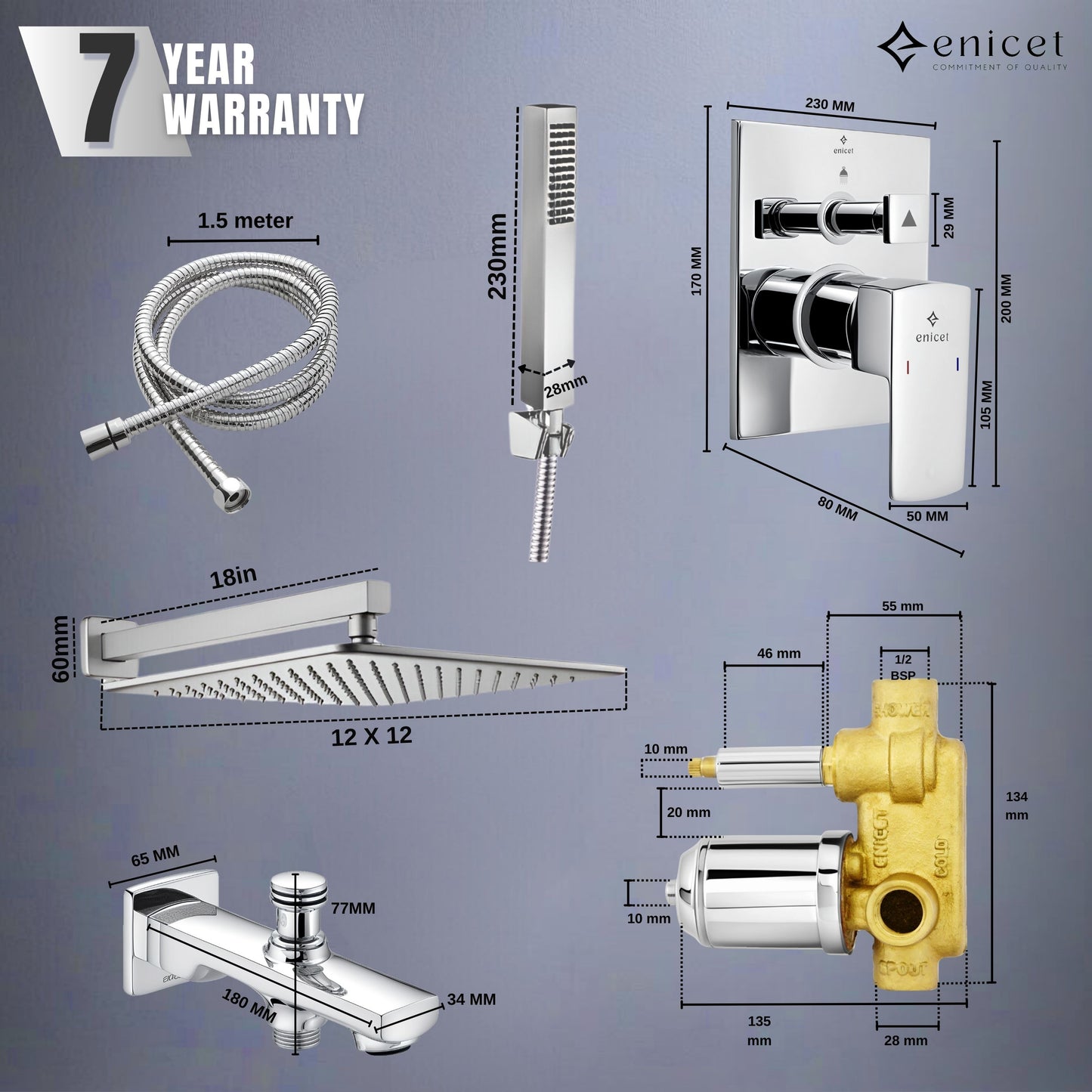Enicet rust-resistant High Flow Diverter Set With 12 Inch Shower & Hand Shower, Chrome Finish, Bathroom Shower Set, Shower System, Hot And Cold Water Mixer Tap