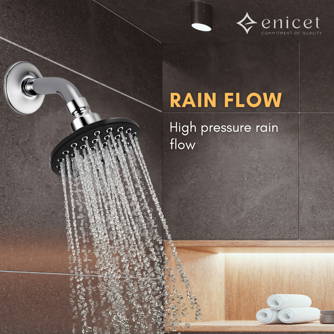 ENICET 5 Inch Overhead Round Shape Shower Head only, Rain Flow Overhead Shower Without Arm, Round Shower for Bathroom, Chrome Finish (Black)