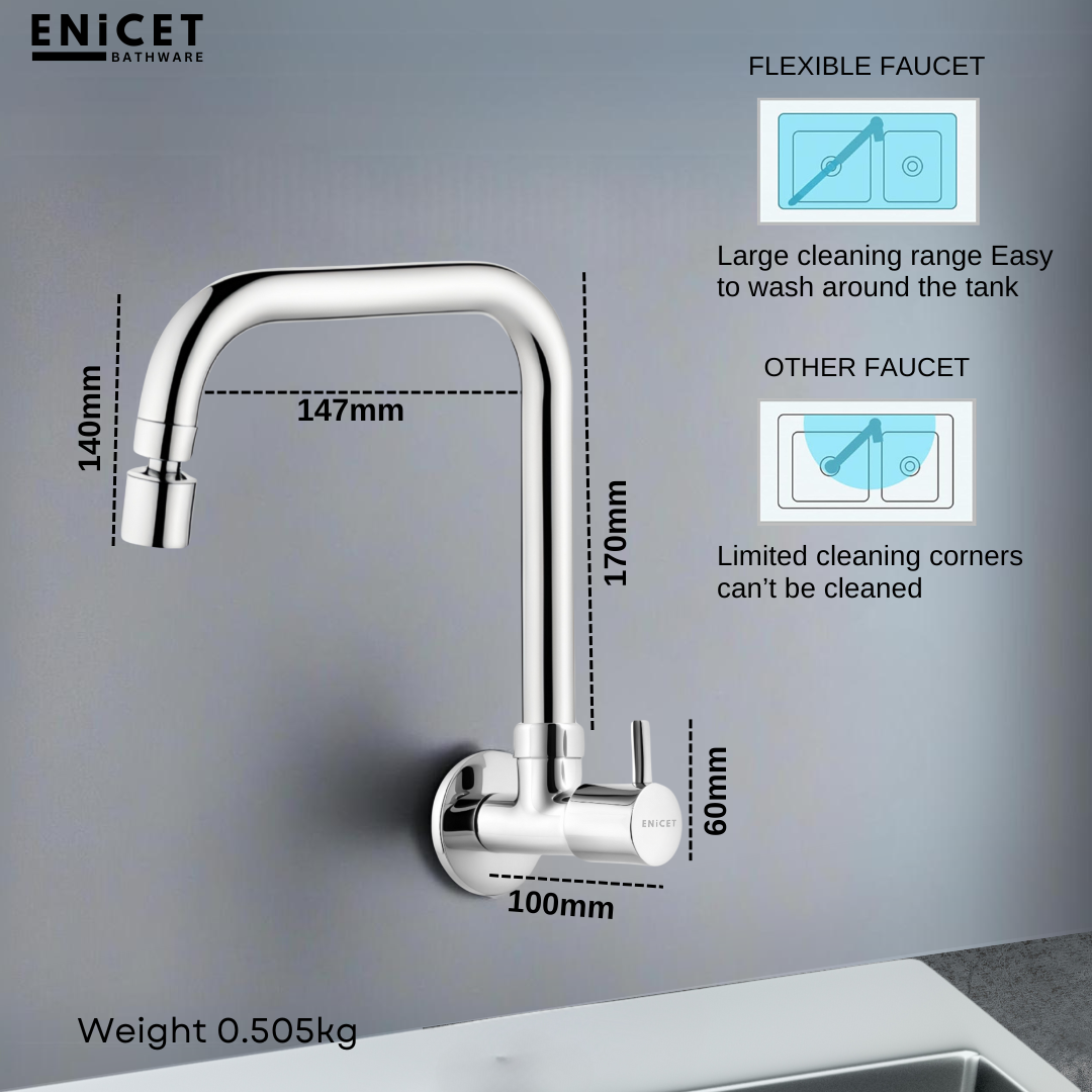 ENICET Sink Cock with 2 Flow Function, Chrome Finish, Silver, with Wall Flange, 360° Rotating Swivel Spout, Adjustable Angle Head, Kitchen Sink Tap, Tap for Kitchen Sink, Dual Flow