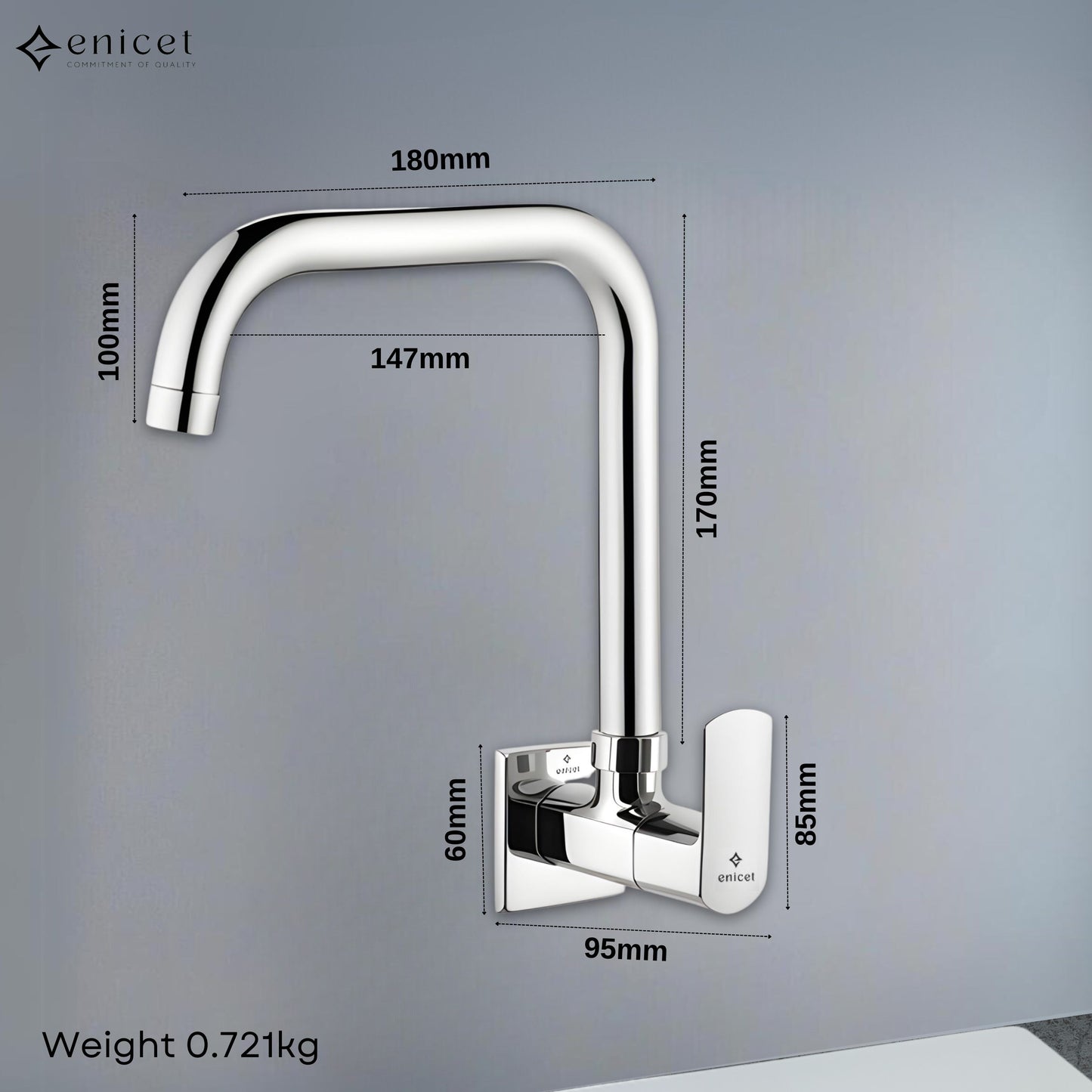 ENICET Sink Cock with Extended Spout, Chrome Finish, Silver, with Wall Flange, 360° Swivel Spout, Adjustable Angle Head, Kitchen Sink Tap, Tap for Kitchen Sink