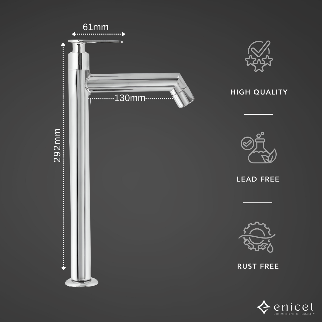 Enicet High Neck Pillar Cock (Brim) - Premium rust-resistant Faucet for Bathroom & Kitchen, Wash Basin Tap with Chrome Finish, Durable, Leak-Proof Design
