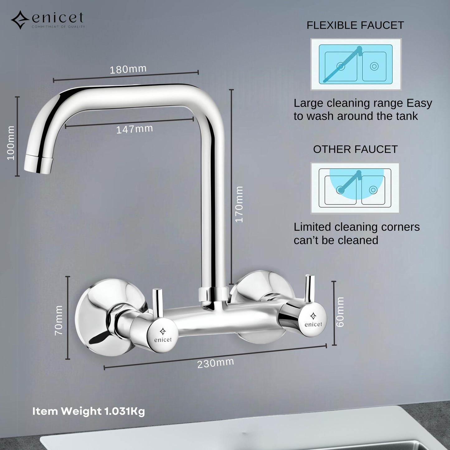 ENICET Sink Mixer with Extended Spout, Chrome Finish, 360 Degree Swinging Swivel Spout, Kitchen Sink Tap Hot and Cold Water Mixer