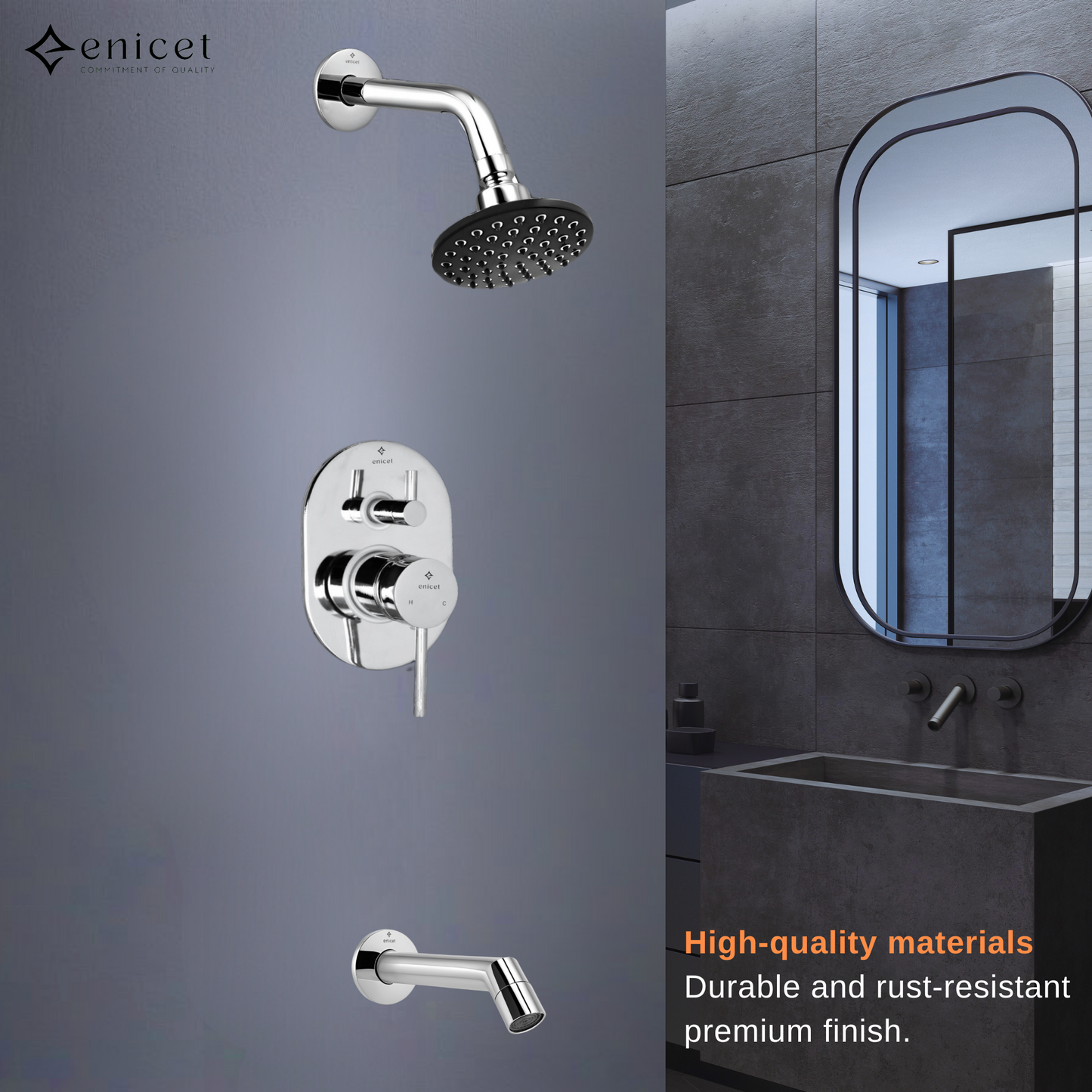 Enicet rust-resistant High Flow Diverter, Single Lever Divrter With Concealed Body And Exposed Parts Kit, Brass Build, Chrome Plated, Bathroom Shower System, Bathroom Mixer Tap