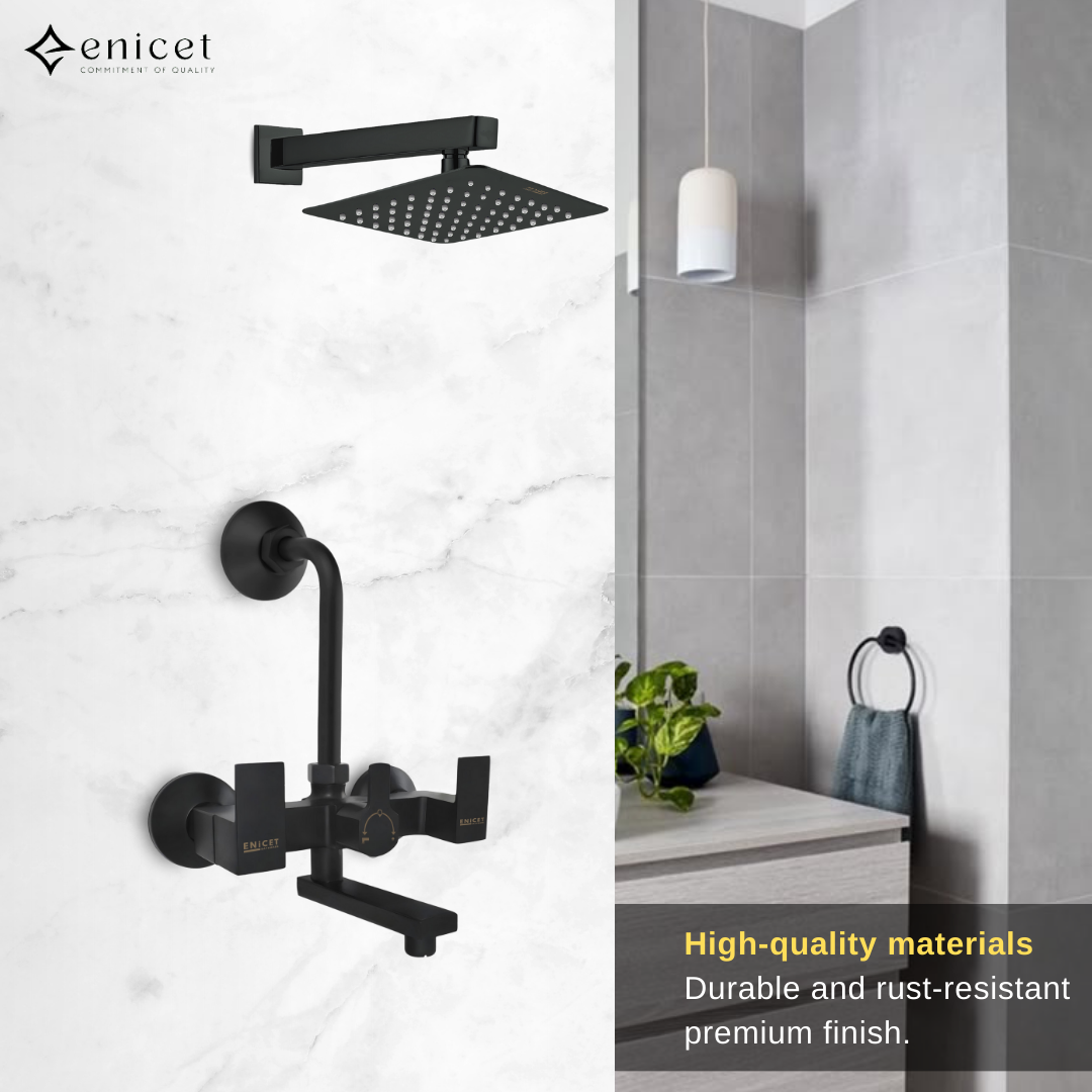 QUBICS Wall Mixer 2 in 1 with Bend | Black Shower Mixer Tap Set for Bathroom | Overhead Shower Use