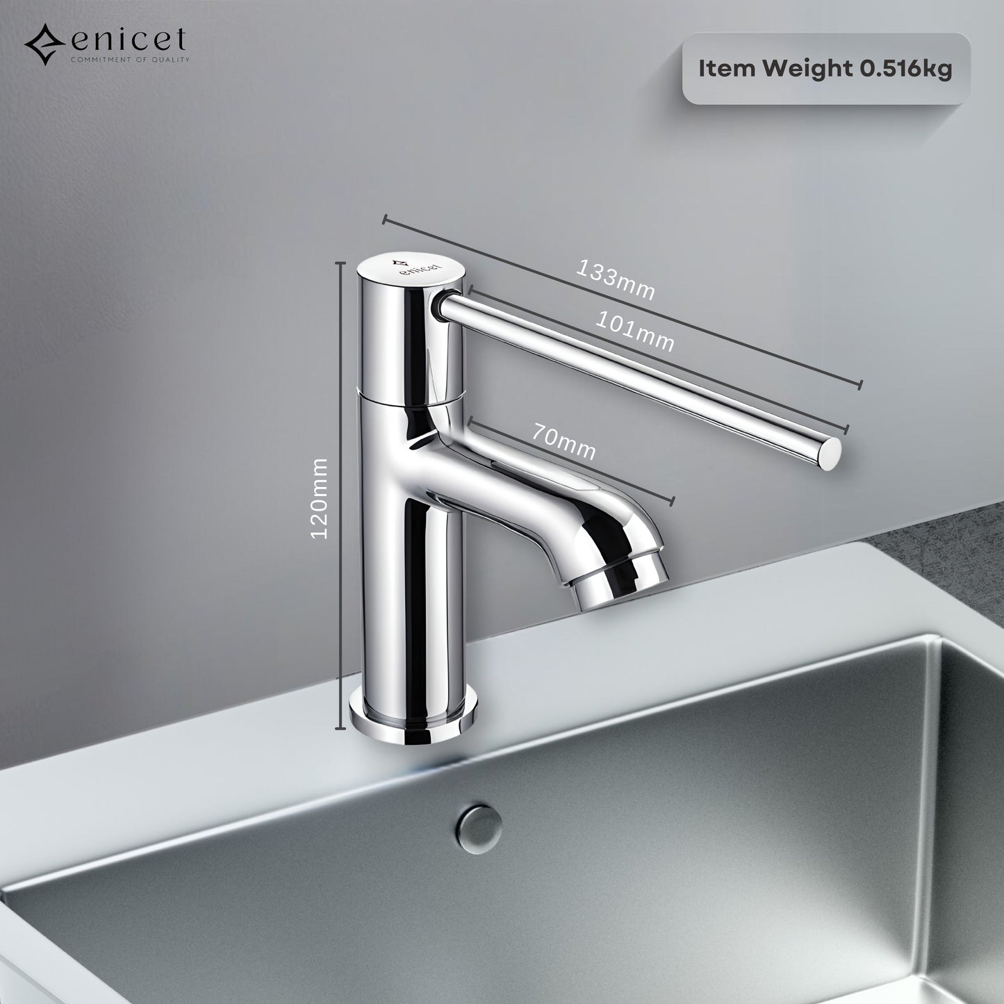 Enicet Pillar Cock, Brass Build, Chrome Finish, Long Hnadle, Elbow/Wrist Operated, Sink Tap