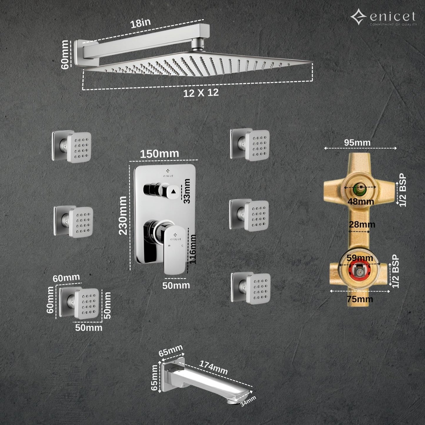 Enicet 4 Outlet Body Jet DIverter Full Set, Brass Build, 12 Inch Overhead Shower, 1.5 Mtr tube Handshower, 6 Units Jet Showers, Body Jet Shower Set, Diverter Combo, Hot And Cold Water Mixer
