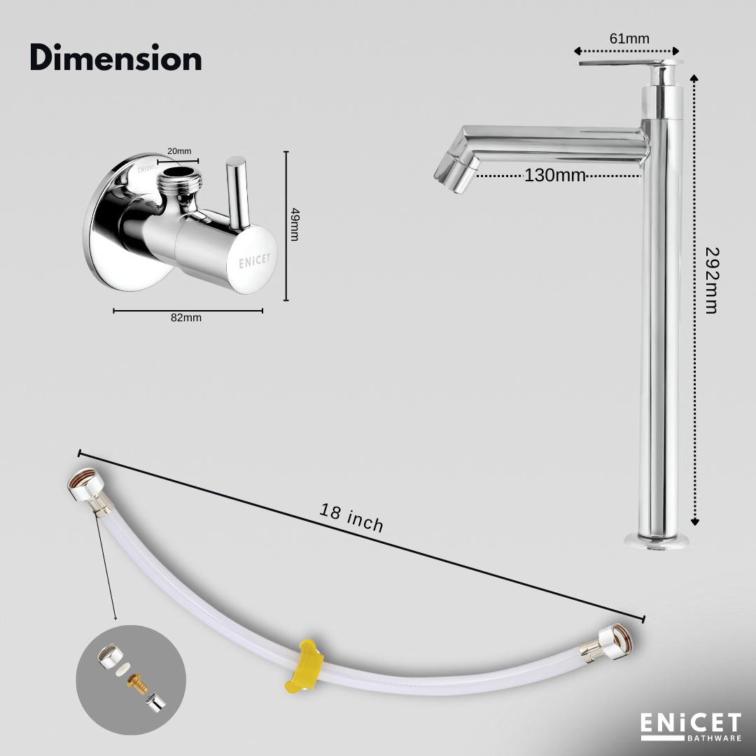 Enicet 12 Inch High Neck Pillar Tap, SS 304, Chrome Finish, 7 Years Warranty, Bathroom Table Top Wash Basin Tap for Home, 12 Inch Tall Extended Body Pillar Cock, Smooth Foam Flow (Brim Set)