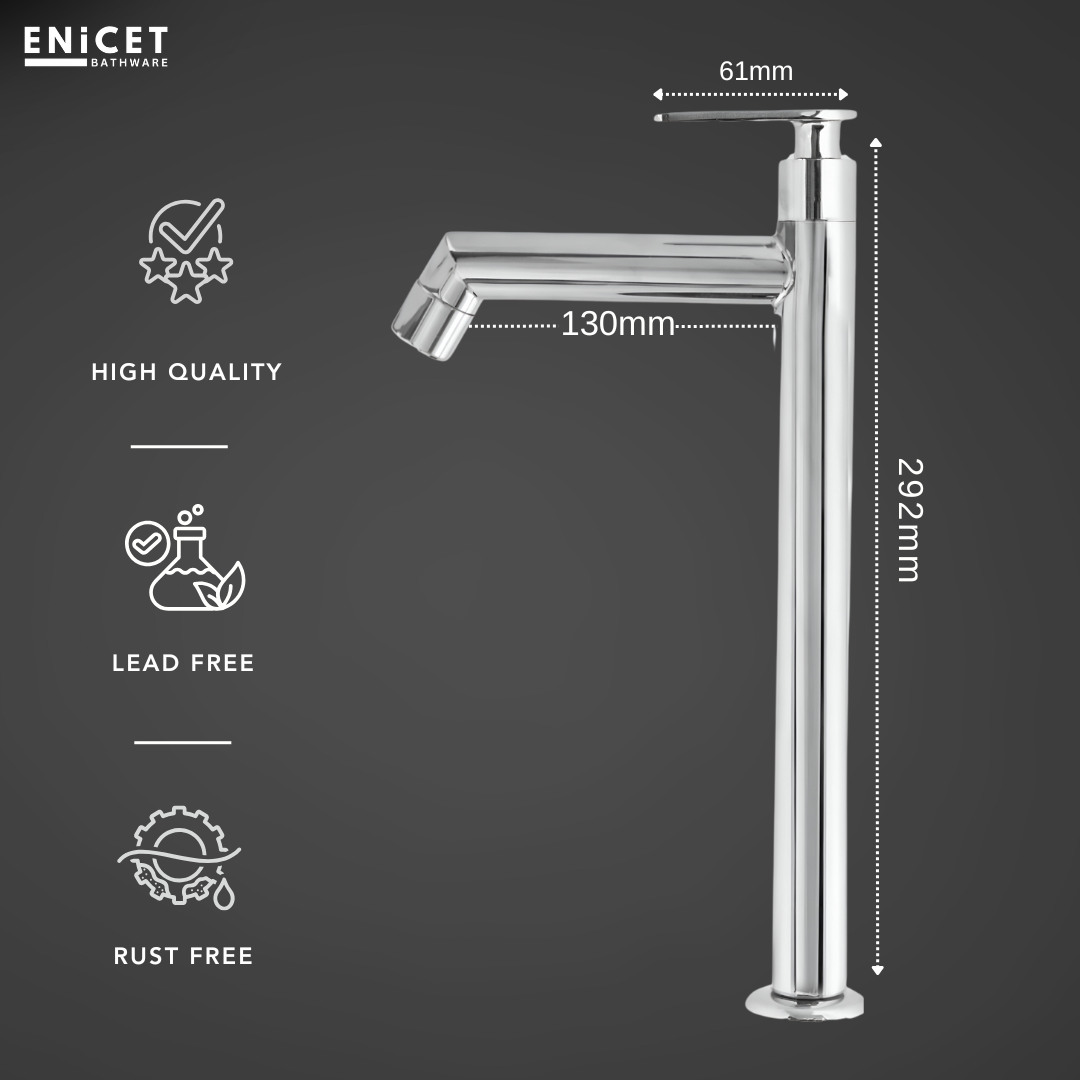Enicet 12 Inch High Neck Pillar Tap, SS 304, Chrome Finish, 7 Years Warranty, Bathroom Table Top Wash Basin Tap for Home, 12 Inch Tall Extended Body Pillar Cock, Smooth Foam Flow (Brim Set)