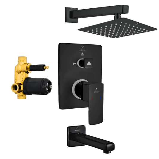 Brass High Flow Diverter Set With Overhead Shower, Chrome Finish, Bathroom Shower Set, Shower System, Hot And Cold Water Mixer Tap (Black Set)