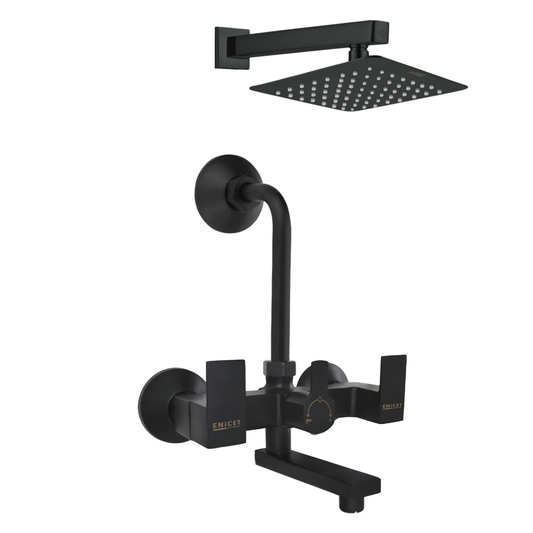 QUBICS Wall Mixer 2 in 1 with Bend | Black Shower Mixer Tap Set for Bathroom | Overhead Shower Use