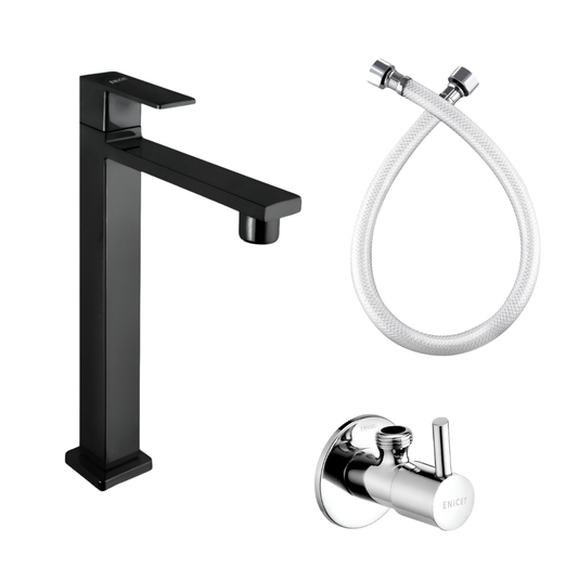 ENICET Brass Single Lever Basin Mixer, Long Body, Chrome Finish, Hot and Cold Water Mixer Tap, 7 Years Warranty, Bathroom Wash Basin Tap, Pillar Cock (Tycoon Black Set)