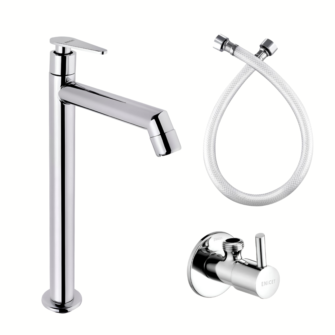 Enicet 12 Inch High Neck Pillar Tap, SS 304, Chrome Finish, 7 Years Warranty, Bathroom Table Top Wash Basin Tap for Home, 12 Inch Tall Extended Body Pillar Cock, Smooth Foam Flow (Brim Set)