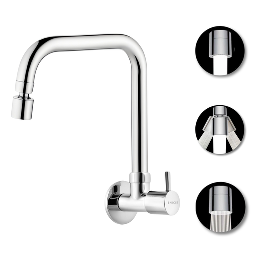 ENICET Sink Cock with 2 Flow Function, Chrome Finish, Silver, with Wall Flange, 360° Rotating Swivel Spout, Adjustable Angle Head, Kitchen Sink Tap, Tap for Kitchen Sink, Dual Flow