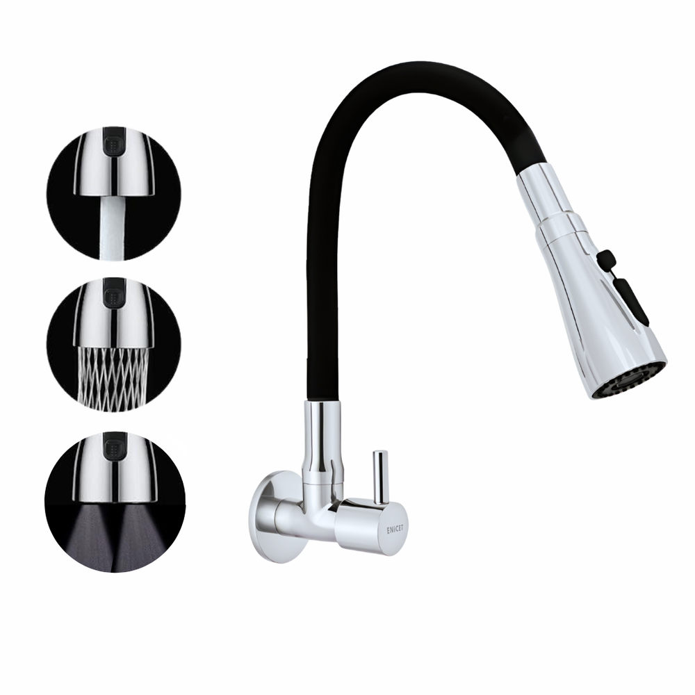 Enicet Flexible Neck Sink Tap for Kitchen, Wall Mount, Chrome Finish, 3 Flow Function, 360 Swinging Swivel Spout, Brass Build, Kitchen Sink Tap - Enicet Bathware