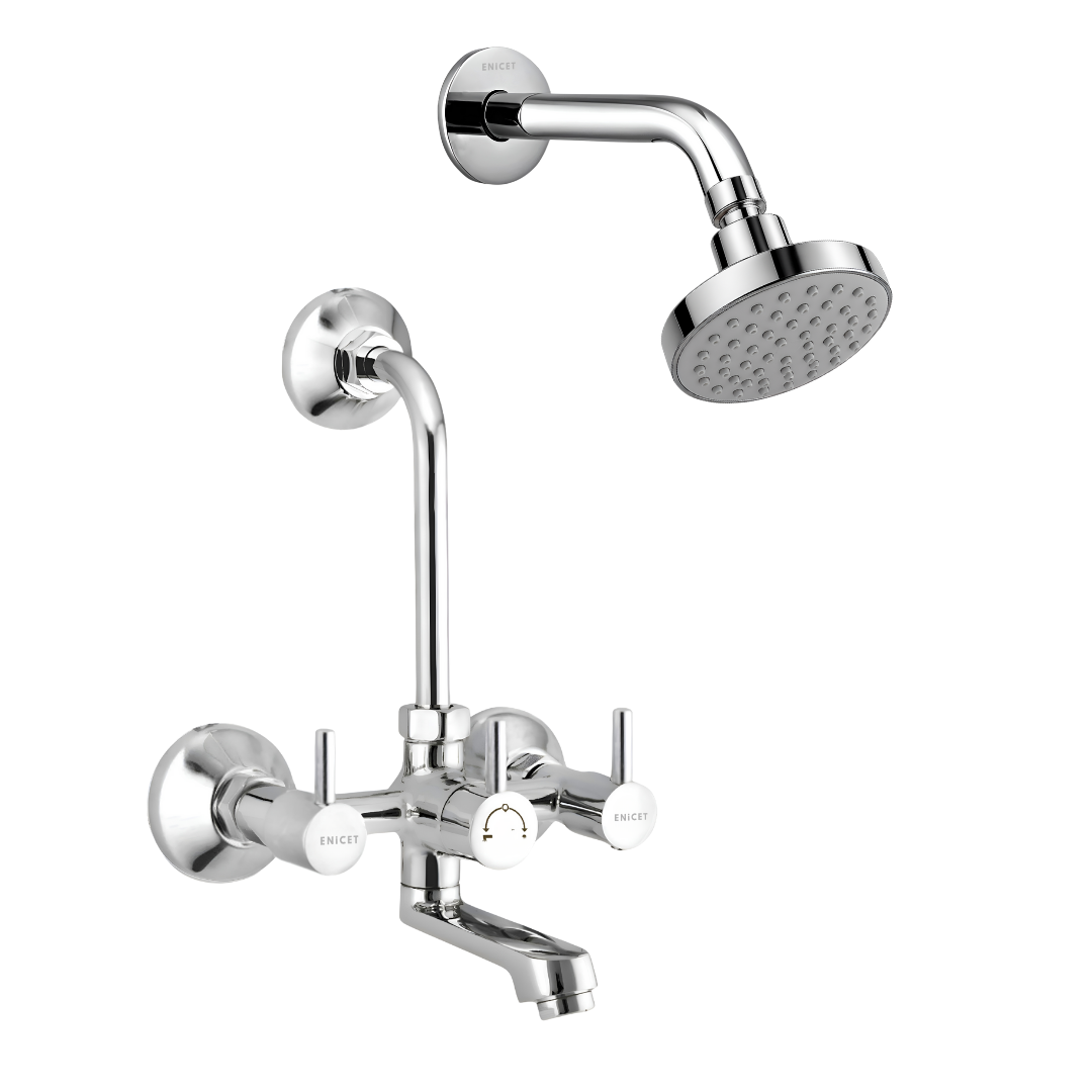 ENICET Brass Wall Mixer With Overhead Shower, 190mm Long Bend Pipe, Chrome Finish, Shower Set, Wall Mixer for Bathroom, Water Mixer Tap for Bathroom Full Set