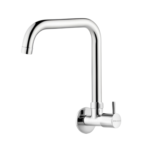 ENICET Sink Cock with Extended Spout, Chrome Finish, Silver, with Wall Flange, 360° Rotating Swivel Spout, Kitchen Sink Tap, Tap for Kitchen Sink, Wall Mount