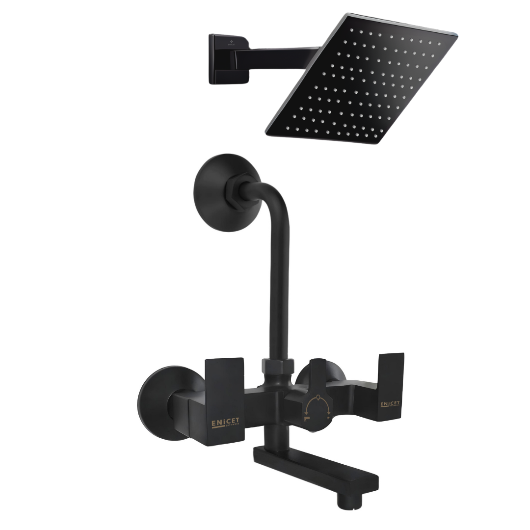 QUBICS Wall Mixer 2 in 1 with Bend | Black Shower Mixer Tap Set for Bathroom | Overhead Shower Use