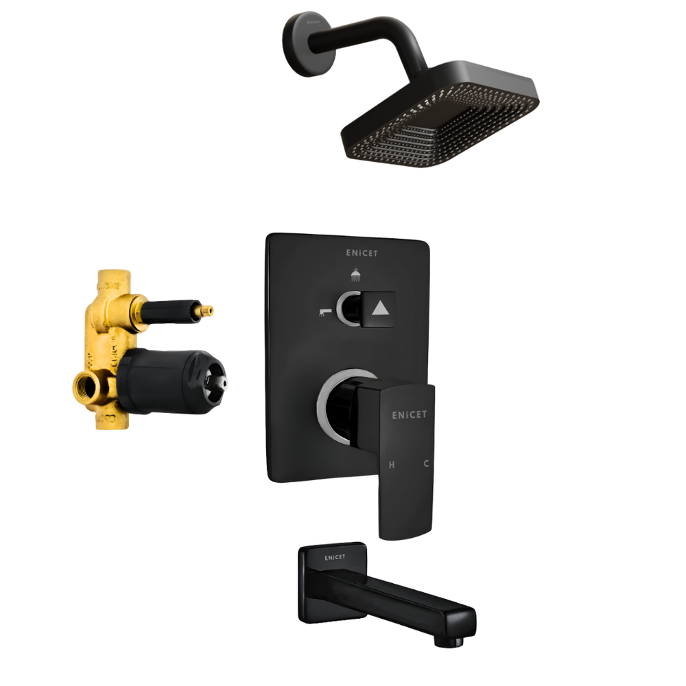 Brass High Flow Diverter Set With Overhead Shower, Black Finish, Bathroom Shower Set, Shower System, Hot And Cold Water Mixer Tap (Black Set) - Enicet Bathware
