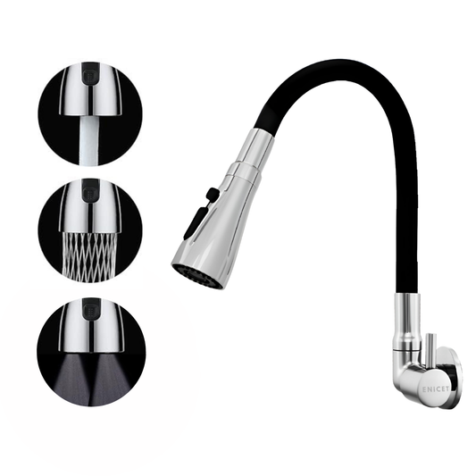 Enicet Flexible Neck Sink Tap for Kitchen, Wall Mount Side Sink Tap, Chrome Finish, 3 Flow Function, 360 Swinging Swivel Spout, rust-resistant, Kitchen Sink Tap,