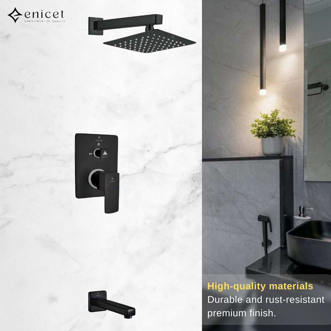 Brass High Flow Diverter Set With Overhead Shower, Chrome Finish, Bathroom Shower Set, Shower System, Hot And Cold Water Mixer Tap (Black Set)