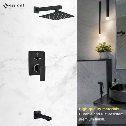 Brass High Flow Diverter Set With Overhead Shower, Chrome Finish, Bathroom Shower Set, Shower System, Hot And Cold Water Mixer Tap (Black Set)