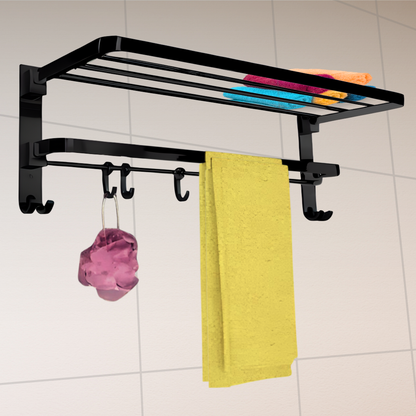 ENICET Stainless Steel Towel Rack for Bathroom, Matte Black, 24 Inch, SS-304, Folding Towel Holder Set, Bathroom Accessories Set,  Bathroom Towel Hanger Stand for Clothes, Towel Rod Bar