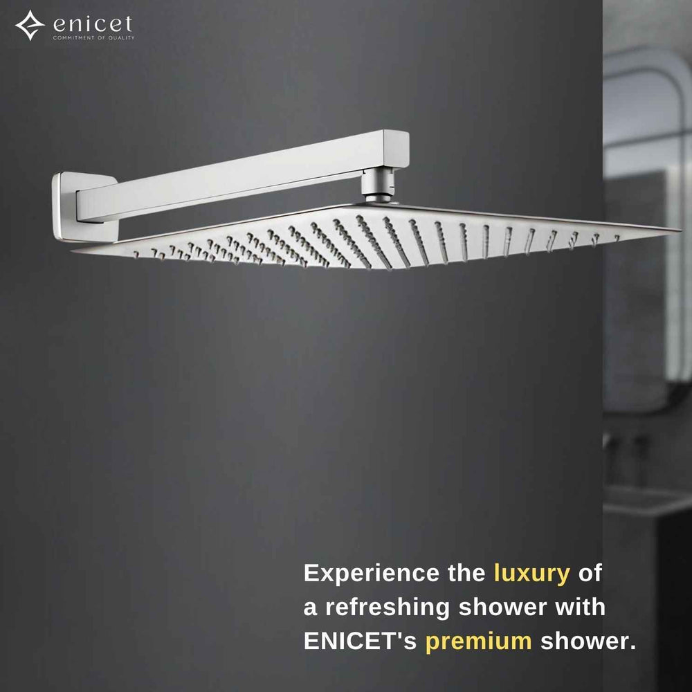 ENICET 12 Inch Rainfall Shower Head - Stainless Steel 304 Ultra Slim Square Shower with Arm & Flange, Easy to Clean Soft Rubber Nozzles