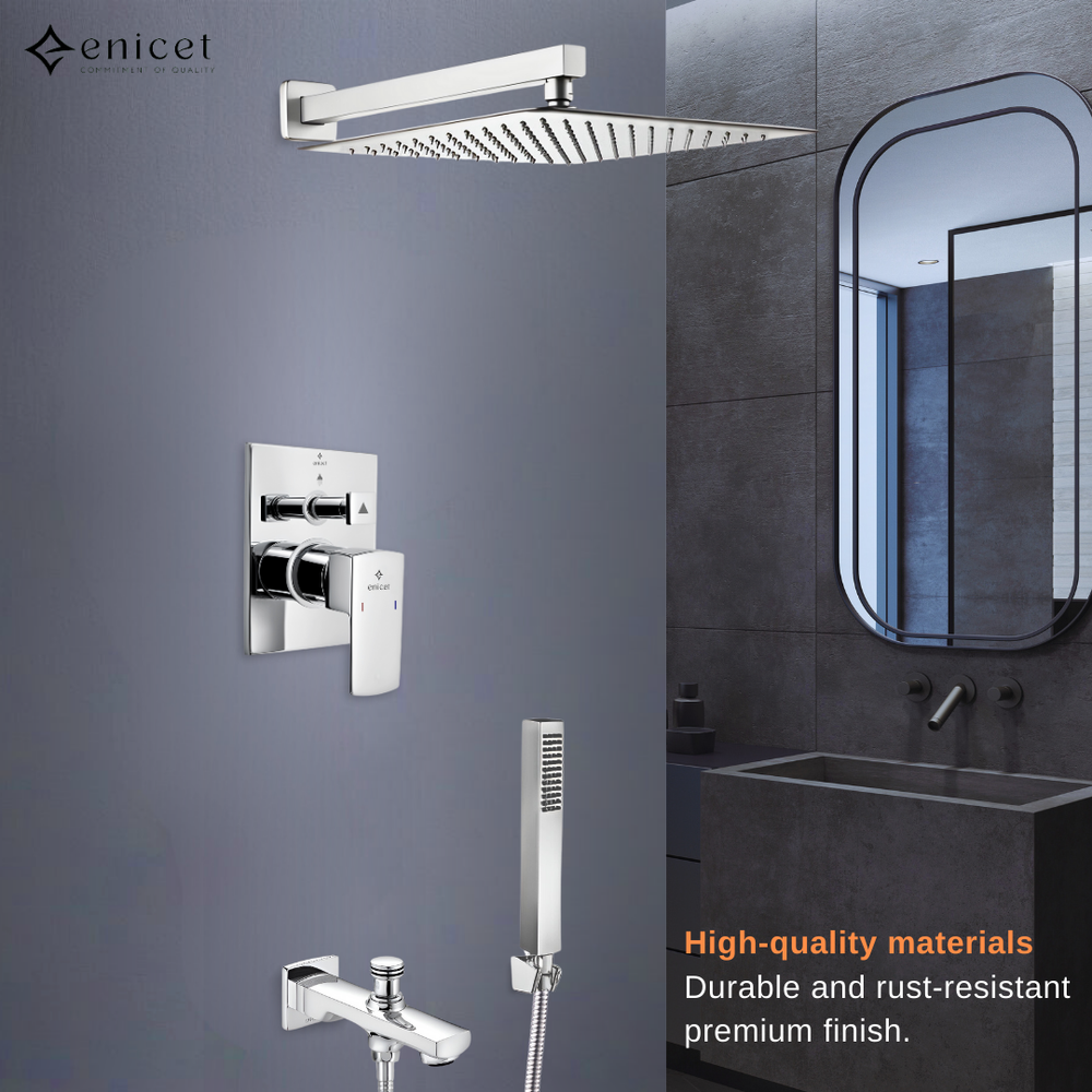 Enicet  rust-resistant High Flow Diverter Set With 8 Inch Shower & Hand Shower, Chrome Finish, Bathroom Shower Set, Shower System, Hot And Cold Water Mixer Tap - Enicet Bathware
